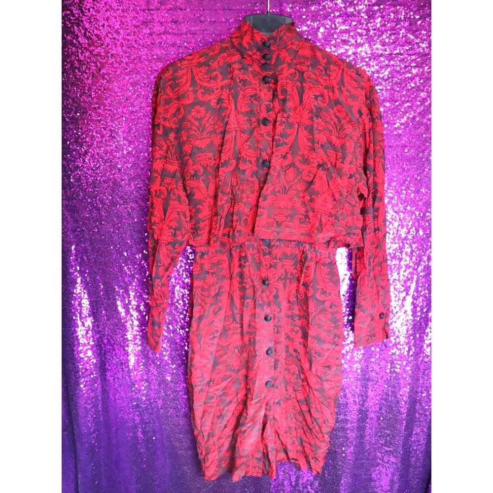 Red Damask Silk Dress 4 Dana Buchman High Neck Button Front Long Sleeve Goth